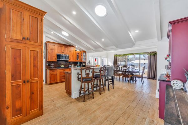 Dining room, Interior, Kitchen, Recessed Lighting, Wood Texture Flooring