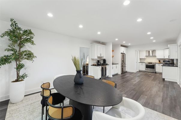 Dining room, Interior, Kitchen, Recessed Lighting, Stainless Steel Appliances, Wood Texture Flooring