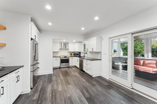 Interior, Kitchen, Recessed Lighting, Stainless Steel Appliances, Wood Texture Flooring