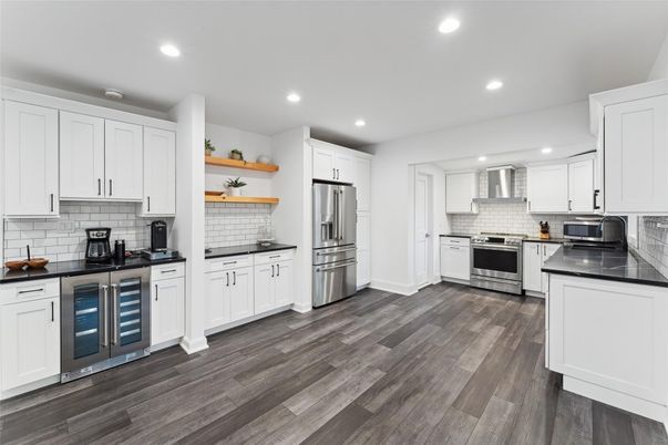 Interior, Kitchen, Recessed Lighting, Stainless Steel Appliances, Wood Texture Flooring