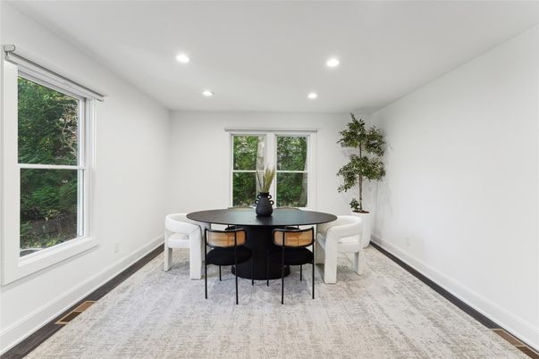 Dining room, Interior, Recessed Lighting, Wood Texture Flooring