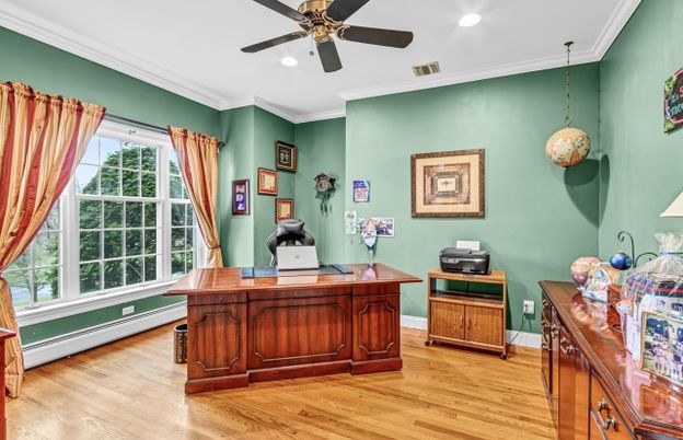 Home Office, Interior, Pendant Lights, Recessed Lighting, Wood Texture Flooring