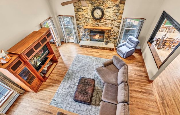 Fireplace, Interior, Living room, Stone Walls, Wooden Beams, Wood Texture Flooring