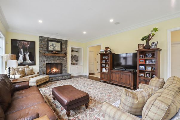 Fireplace, Interior, Living room, Recessed Lighting, Stone Walls