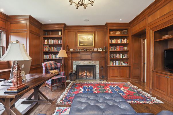 Fireplace, Home Office, Interior, Recessed Lighting, Wood Texture Flooring, Wooden Walls
