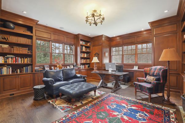 Chandelier, Home Office, Interior, Recessed Lighting, Wood Texture Flooring, Wooden Walls