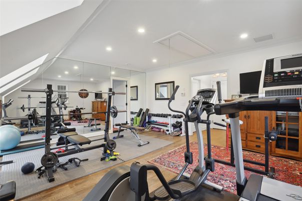 Fitness Equipment, Gym, Interior, Recessed Lighting, Wood Texture Flooring