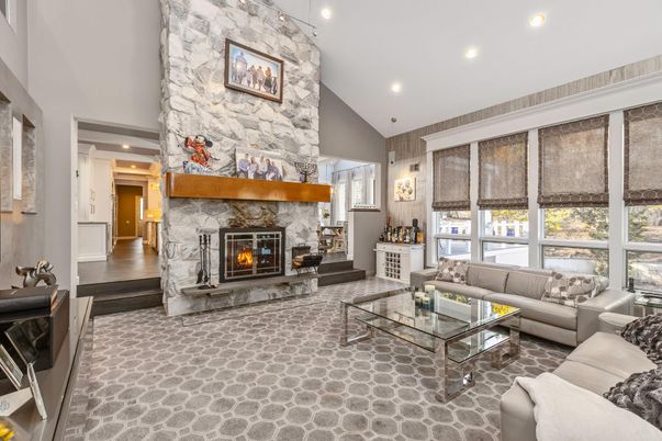 Fireplace, Interior, Living room, Pendant Lights, Recessed Lighting, Stone Walls, Wood Texture Flooring
