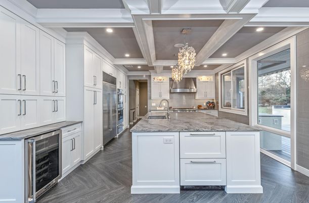 Chandelier, Interior, Kitchen, Recessed Lighting, Stainless Steel Appliances, Wood Texture Flooring