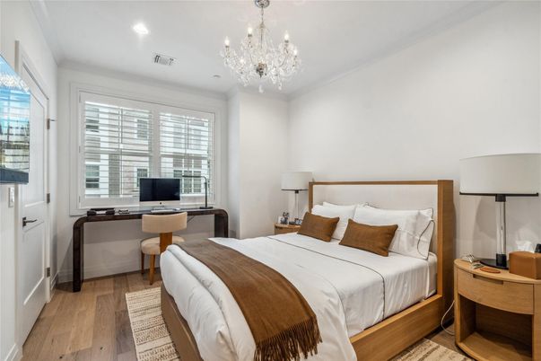 Bedroom, Chandelier, Home Office, Interior, Recessed Lighting, Wood Texture Flooring