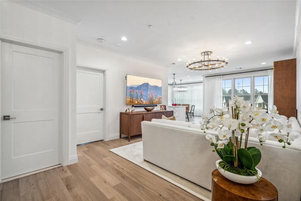 Chandelier, Dining room, Interior, Living room, Pendant Lights, Recessed Lighting, Wood Texture Flooring