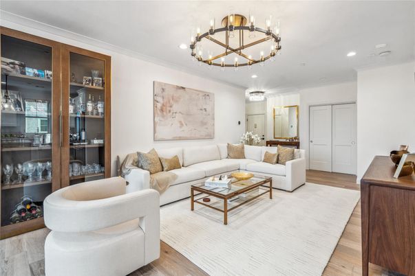 Chandelier, Interior, Living room, Recessed Lighting, Wood Texture Flooring
