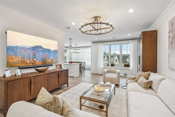 Chandelier, Dining room, Interior, Living room, Recessed Lighting, Wood Texture Flooring