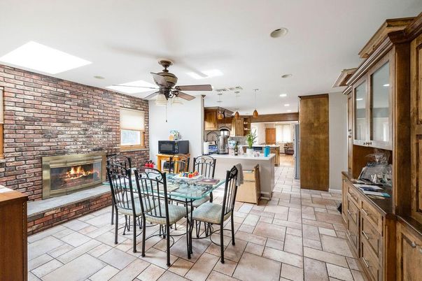 Dining room, Fireplace, Interior, Kitchen, Pendant Lights, Recessed Lighting, Stone Walls