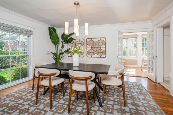 Dining room, Interior, Pendant Lights, Wood Texture Flooring
