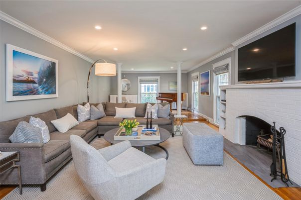 Fireplace, Interior, Living room, Recessed Lighting, Wood Texture Flooring