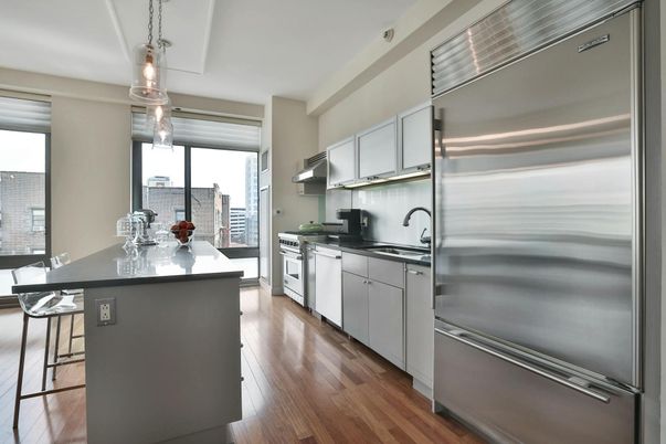 Interior, Kitchen, Pendant Lights, Stainless Steel Appliances, Wood Texture Flooring