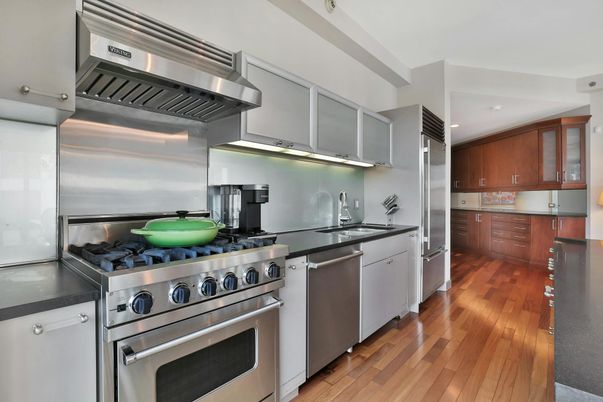 Interior, Kitchen, Recessed Lighting, Stainless Steel Appliances, Wood Texture Flooring