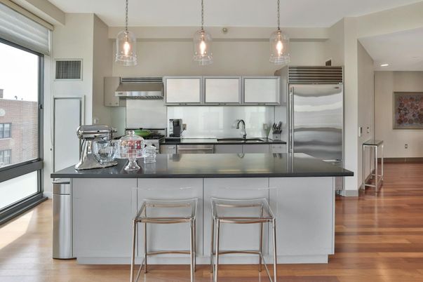 Interior, Kitchen, Pendant Lights, Recessed Lighting, Stainless Steel Appliances, Wood Texture Flooring
