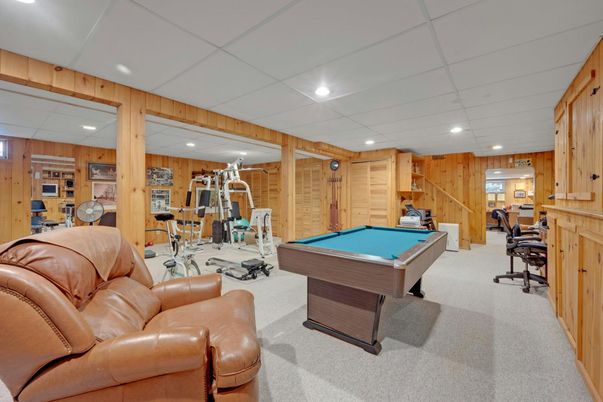 Billiard Table, Game Room, Interior, Recessed Lighting, Wooden Walls