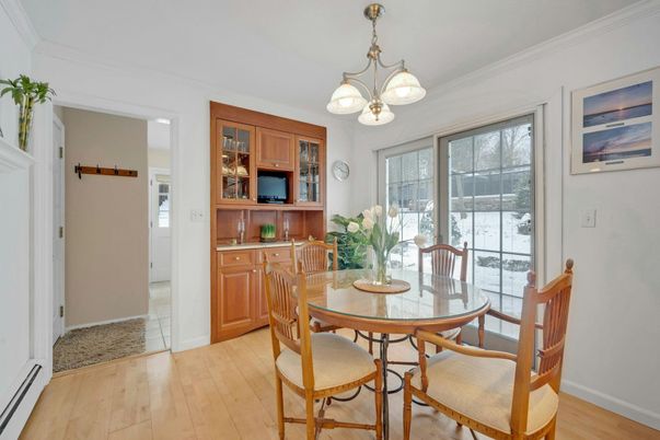 Dining room, Interior, Pendant Lights, Wood Texture Flooring