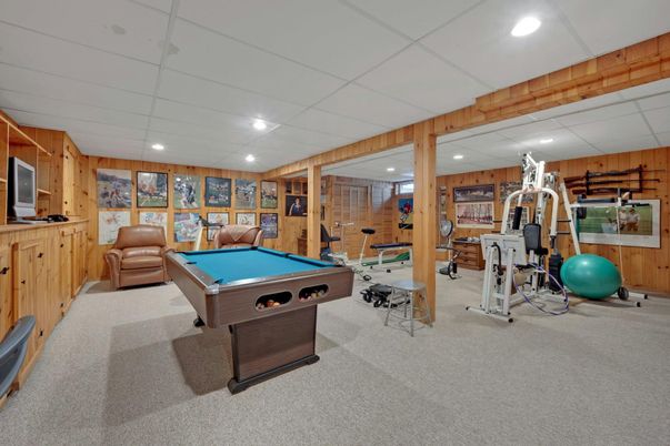 Billiard Table, Fitness Equipment, Game Room, Interior, Recessed Lighting, Wooden Walls