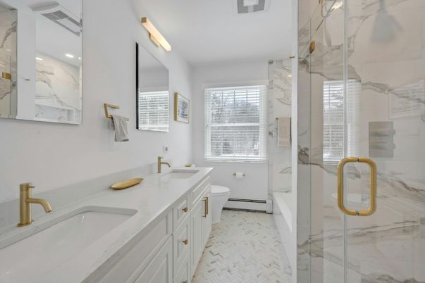 Bathroom, Dual Sink Vanities, Glass Shower, Interior, Marble, Marble Walls