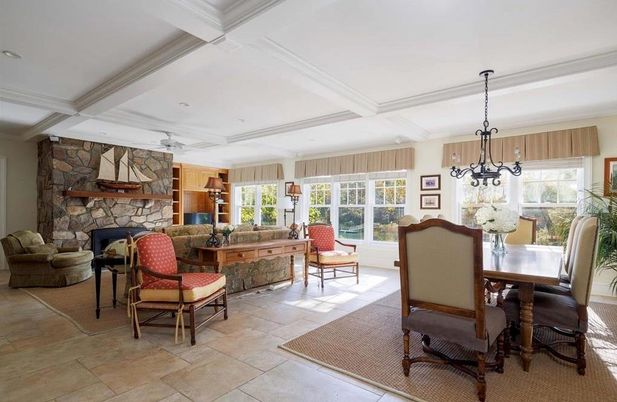 Dining room, Fireplace, Interior, Living room, Pendant Lights, Recessed Lighting, Stone Walls