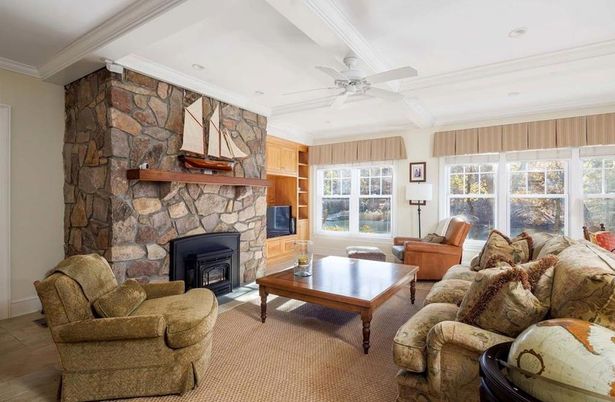 Fireplace, Interior, Living room, Recessed Lighting, Stone Walls