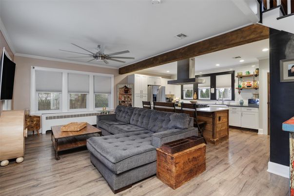 Interior, Kitchen, Living room, Recessed Lighting, Stainless Steel Appliances, Wooden Beams, Wood Texture Flooring