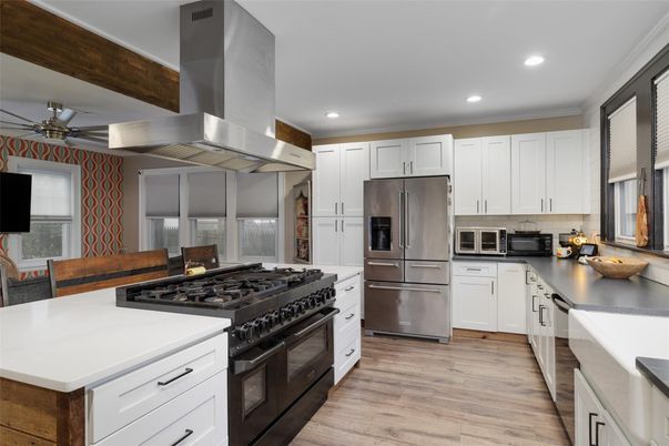Interior, Kitchen, Recessed Lighting, Stainless Steel Appliances, Wood Texture Flooring