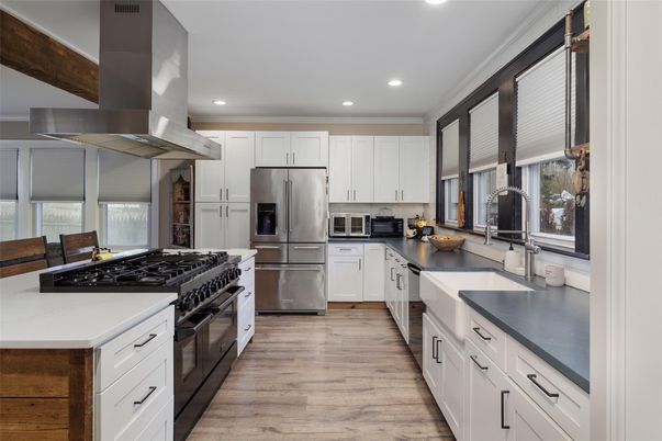 Interior, Kitchen, Recessed Lighting, Stainless Steel Appliances, Wood Texture Flooring