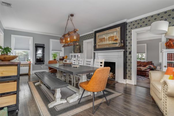 Dining room, Fireplace, Interior, Pendant Lights, Wood Texture Flooring