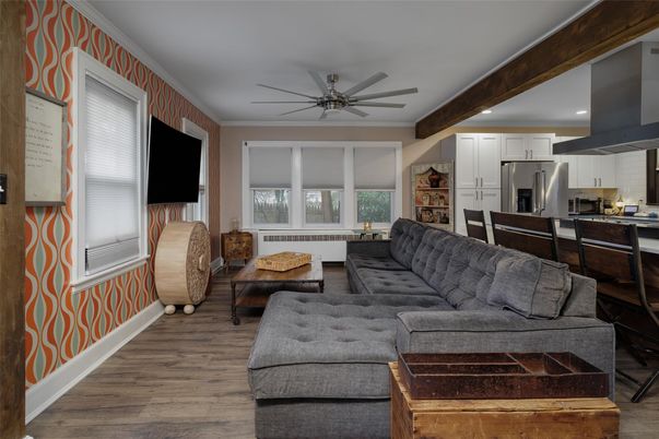 Interior, Kitchen, Living room, Recessed Lighting, Stainless Steel Appliances, Wooden Beams, Wood Texture Flooring