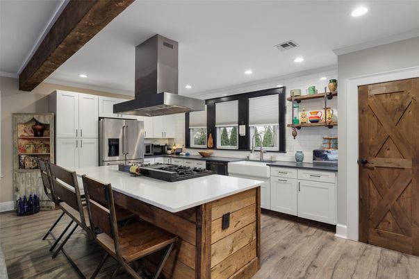 Interior, Kitchen, Recessed Lighting, Stainless Steel Appliances, Wooden Beams, Wood Texture Flooring