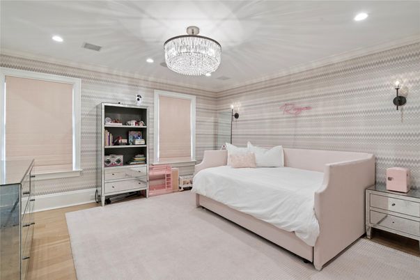 Bedroom, Chandelier, Interior, Recessed Lighting, Wood Texture Flooring