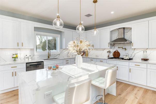 Interior, Kitchen, Marble Walls, Pendant Lights, Recessed Lighting, Stainless Steel Appliances, Wood Texture Flooring