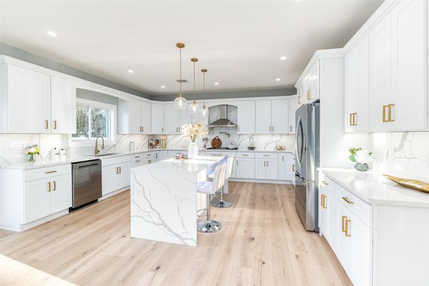 Interior, Kitchen, Marble Walls, Pendant Lights, Recessed Lighting, Stainless Steel Appliances, Wood Texture Flooring