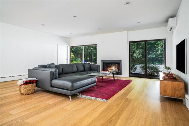 Fireplace, Interior, Living room, Recessed Lighting, Wood Texture Flooring