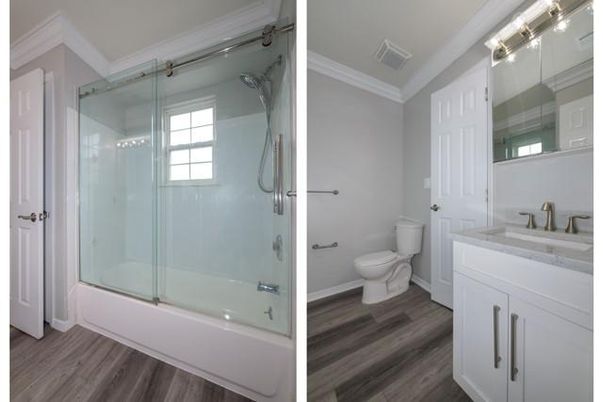 Bathroom, Glass Shower, Interior, Wood Texture Flooring