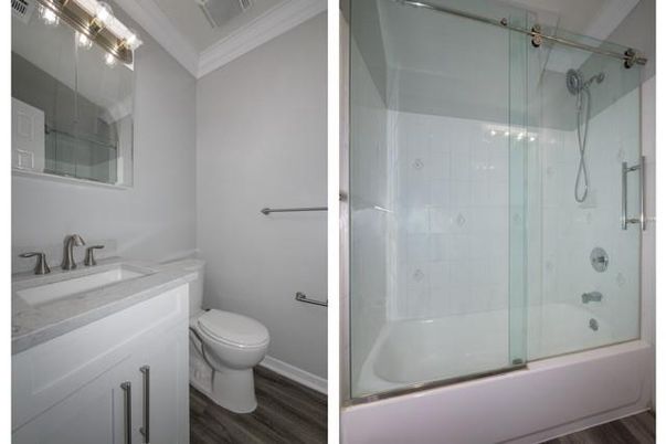 Bathroom, Glass Shower, Interior, Wood Texture Flooring