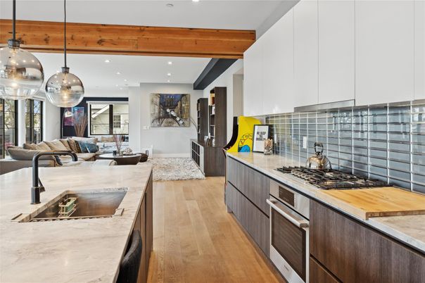 Interior, Kitchen, Living room, Pendant Lights, Recessed Lighting, Wooden Beams, Wood Texture Flooring