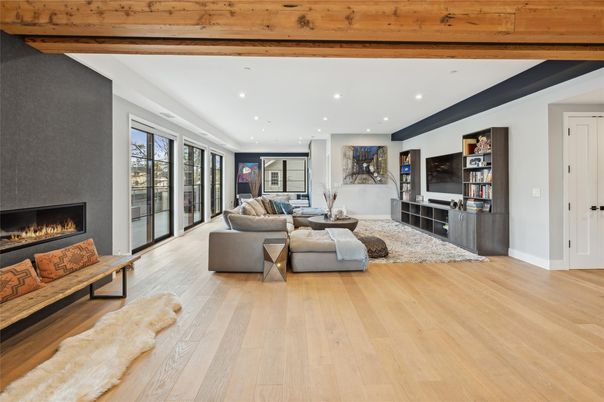 Fireplace, Interior, Living room, Recessed Lighting, Wooden Beams, Wood Texture Flooring
