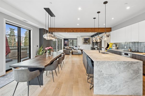 Dining room, Interior, Kitchen, Living room, Pendant Lights, Recessed Lighting, Stainless Steel Appliances, Wood Texture Flooring