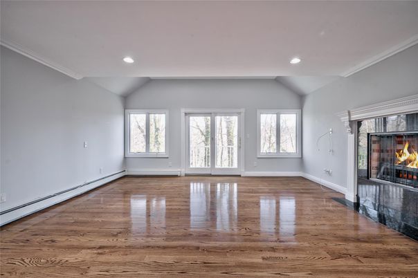 Empty room, Fireplace, Interior, Recessed Lighting, Wood Texture Flooring
