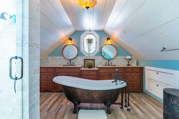 Bathroom, Free Standing Baths, Interior, Wood Texture Flooring