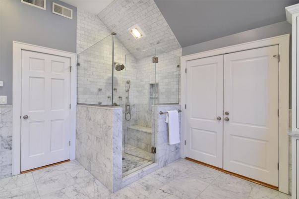 Bathroom, Glass Shower, Interior, Marble, Marble Walls, Recessed Lighting