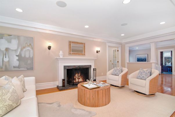 Fireplace, Interior, Living room, Recessed Lighting, Wood Texture Flooring