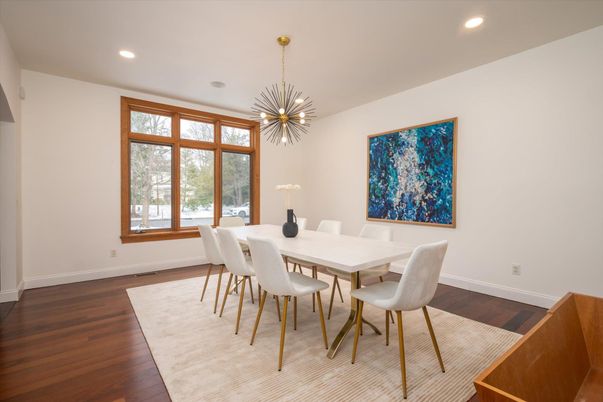 Dining room, Interior, Pendant Lights, Recessed Lighting, Wood Texture Flooring