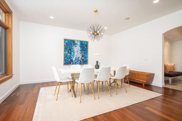 Dining room, Interior, Pendant Lights, Recessed Lighting, Wood Texture Flooring